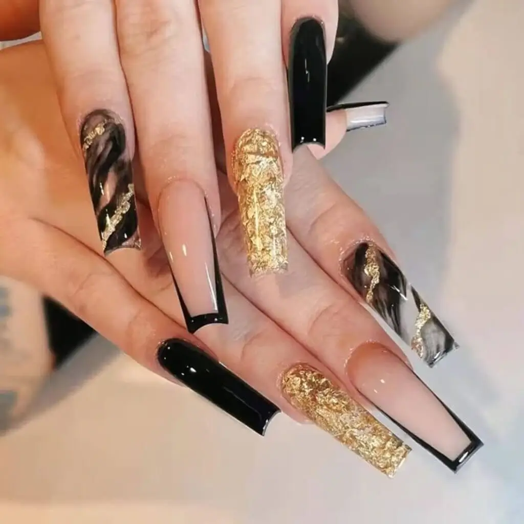 edgy black french tip coffin nails