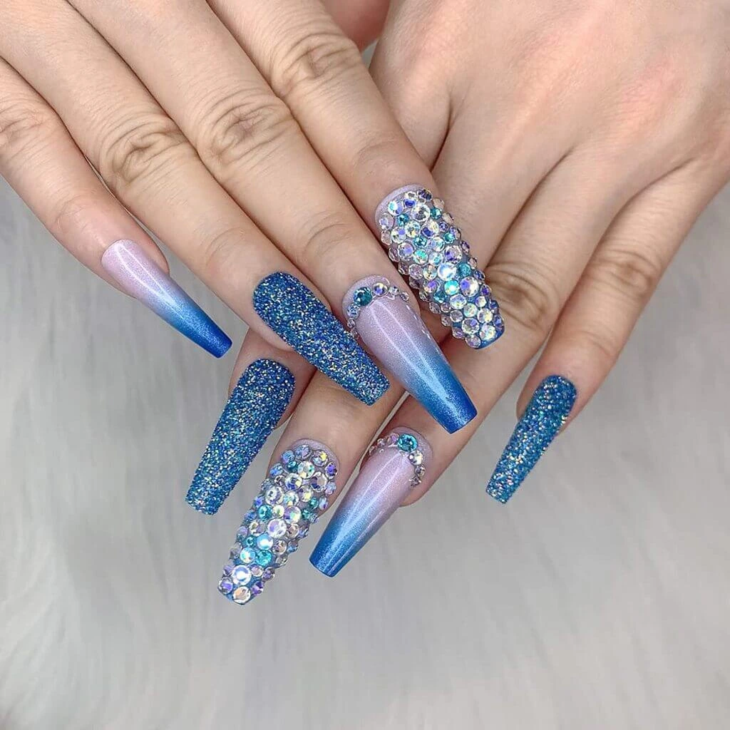 Matte Nails with Blue Tips and Crystals