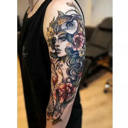 Woman with Owl Headdress Tattoo Design