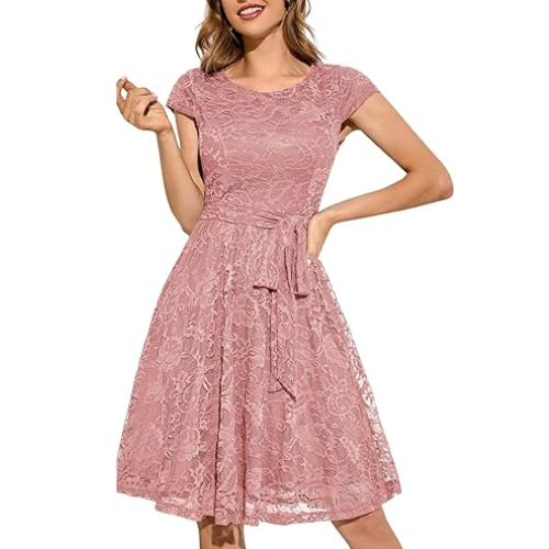 MUADRESS Women Cap-Sleeve Lace Floral Dress