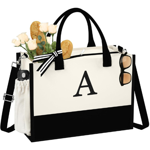 Initial Canvas Beach Tote Bag