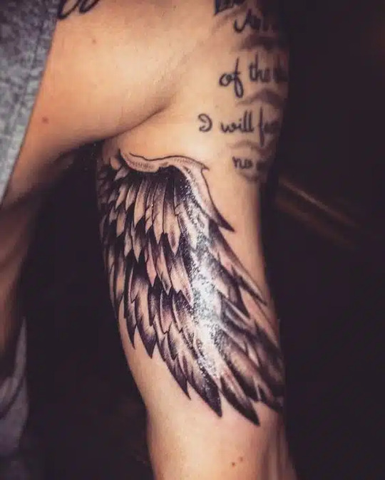 angel wing bicep arm tattoo for men